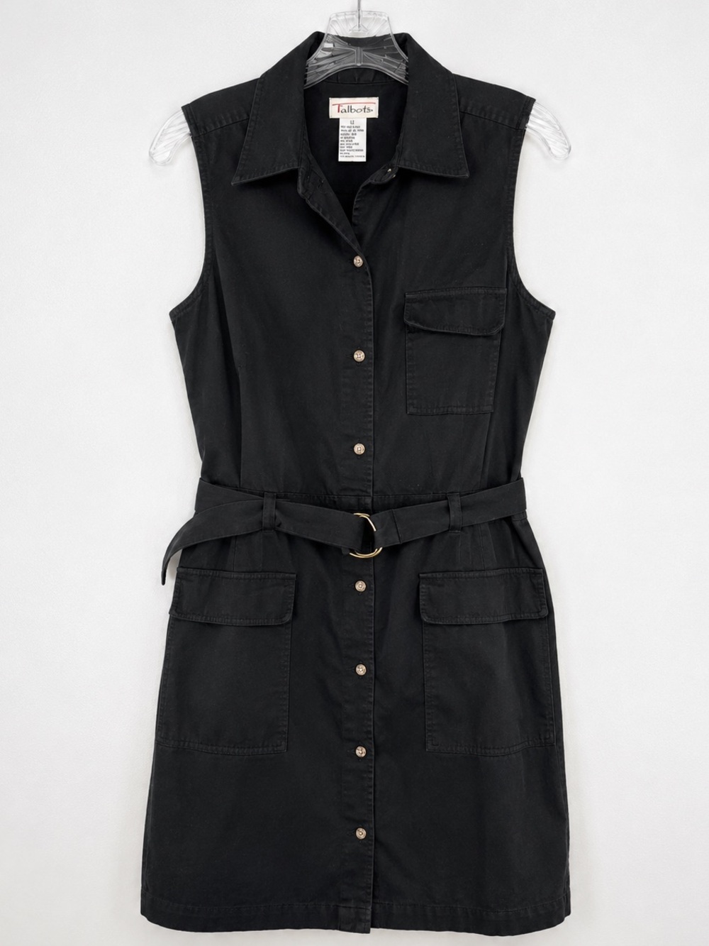 Vintage Talbots Black Shirt Dress Belted Button Front 100% Cotton Size 12